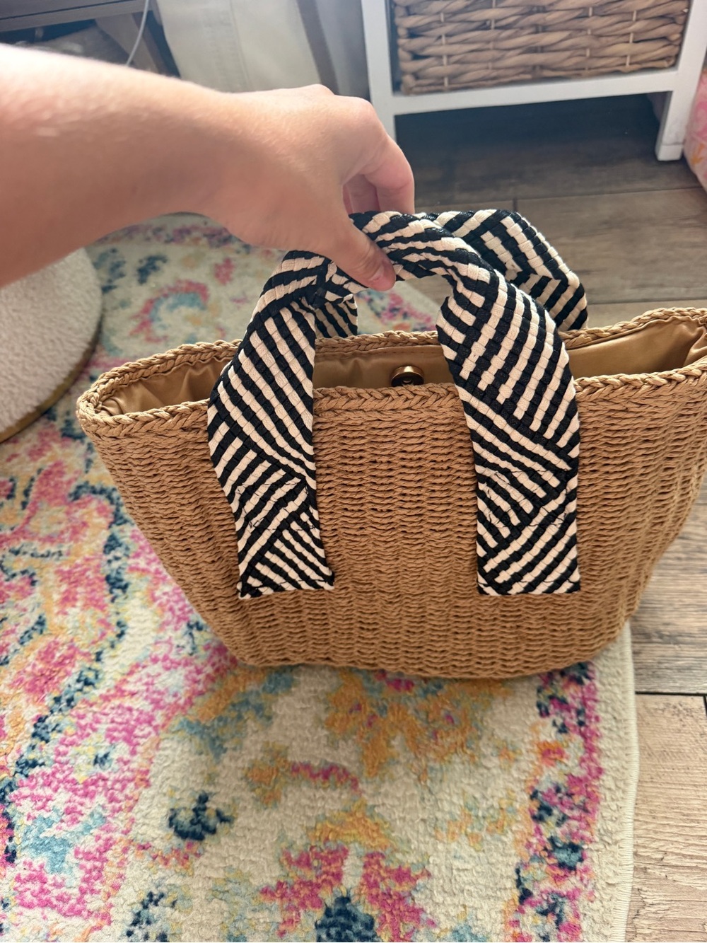 Woven Straw Tote with Black & White Striped Handles